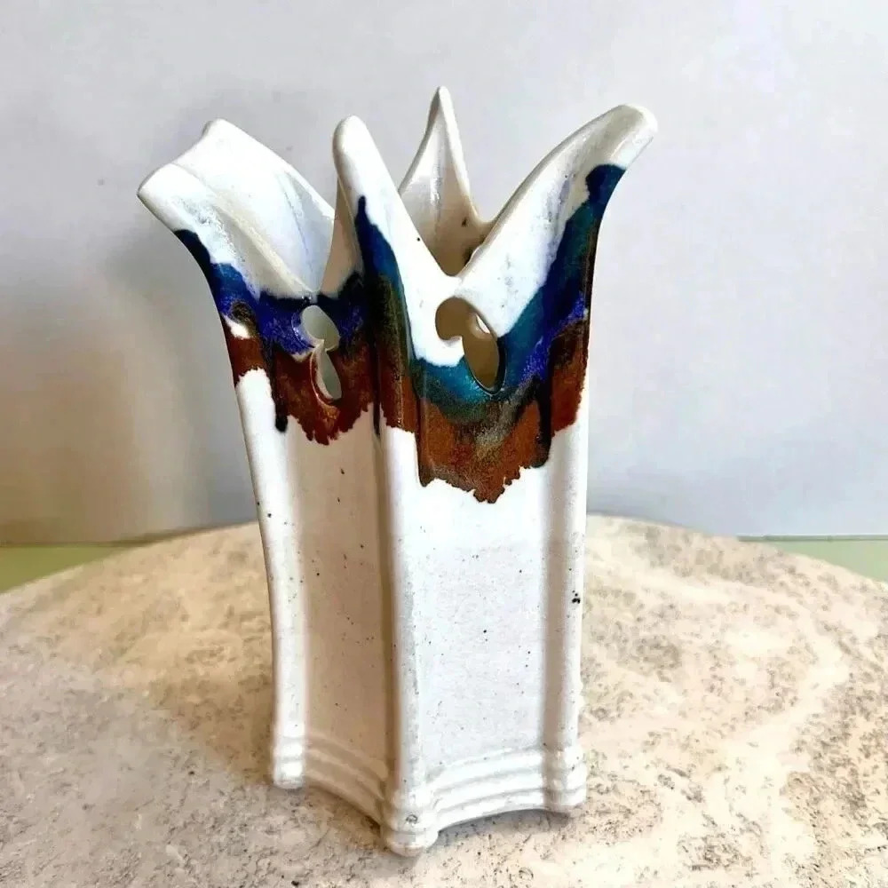 Vintage Flower‎ Table Kitchen Vase White Blue Pour Technique 4 x 7 Inches artist